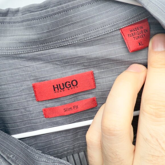 HUGO by Hugo Boss Slim Fit Gray Vertical Pinstripe Button-Down Shirt Size XL - Picture 3 of 4